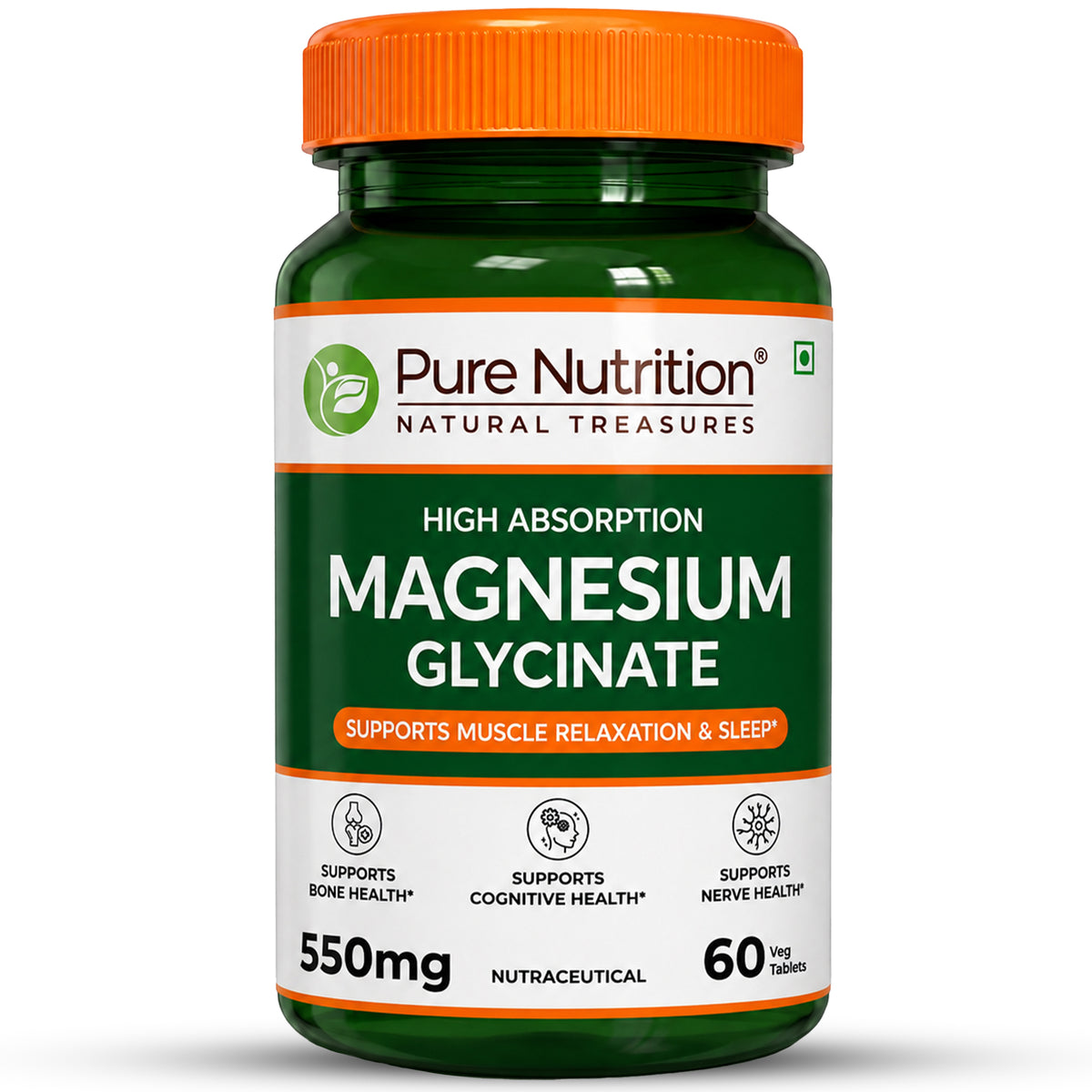 Magnesium Glycinate 550mg – High Absorption | Sleep, Stress & Muscle Health | 60Tablets