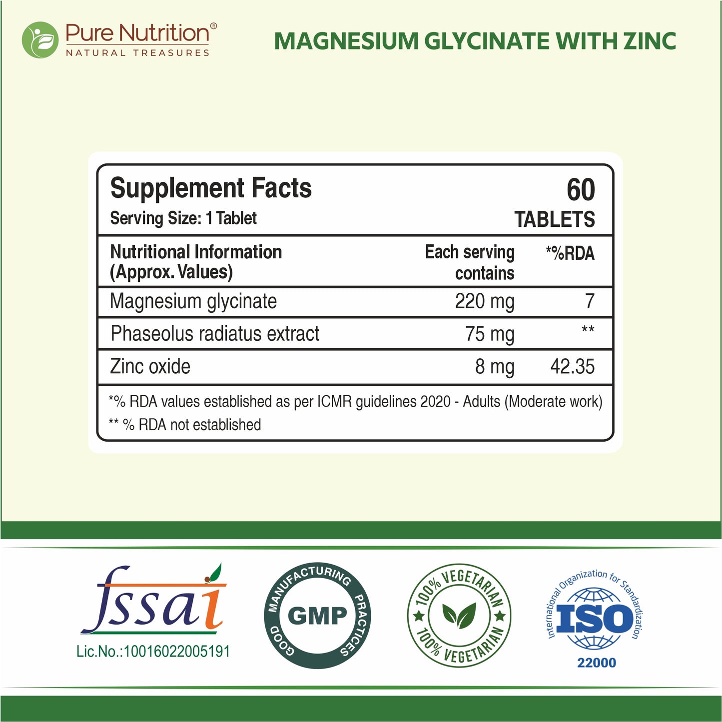 Magnesium Glycinate + Zinc, 60 Veg Tablets | For Bone, Muscle & Nerve Health l Better Relaxation & Sleep Quality | Helps Ease Period Cramps | Supports Stress Relief & Heart Health