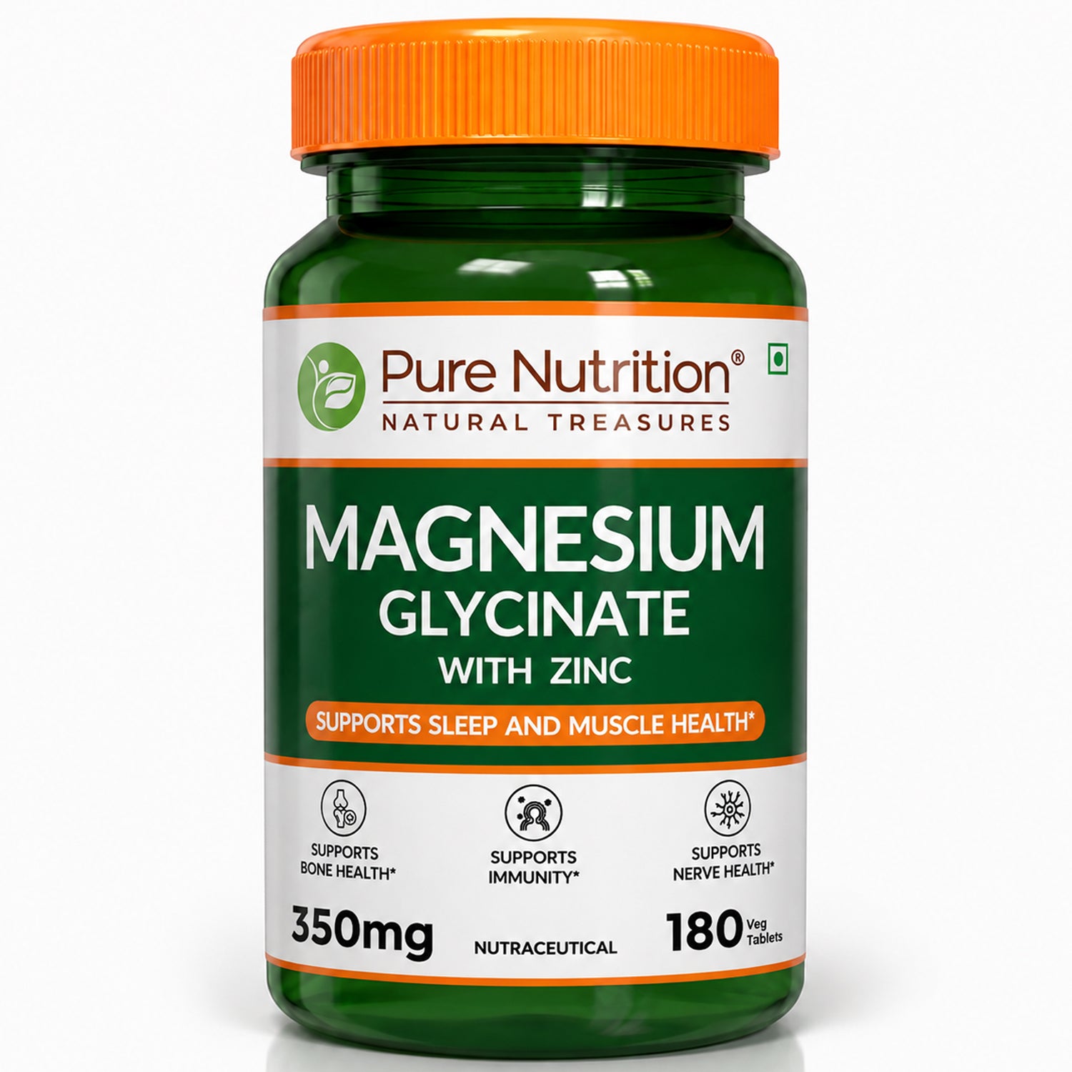 Magnesium Glycinate with Zinc | 350 mg Blend | 180 Tablets | Magnesium Glycinate, Zinc & Phaseolus Radiatus Extract | Daily Muscle, Bone & Nerve Support