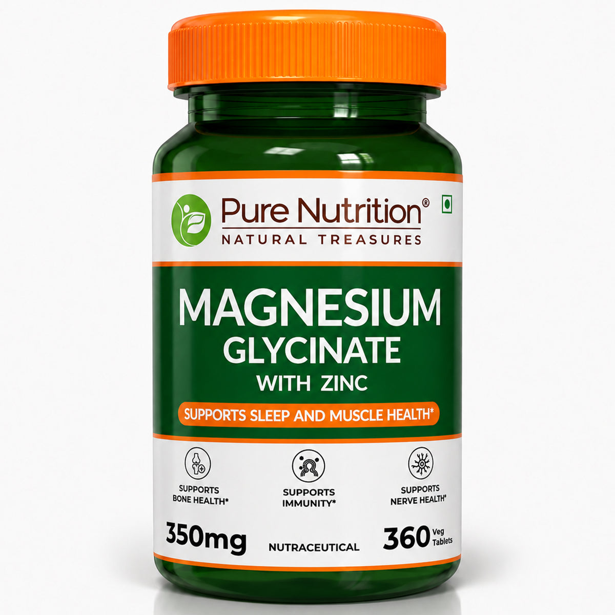 Magnesium Glycinate with Zinc | 350 mg Blend | Magnesium Glycinate, Zinc & Phaseolus Radiatus Extract | Daily Muscle, Bone & Nerve Support | 360 Tabs