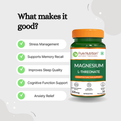 Magnesium L-Threonate Supplement - 30 Veg Capsules | Supports Brain Function, Memory & Stress Relief