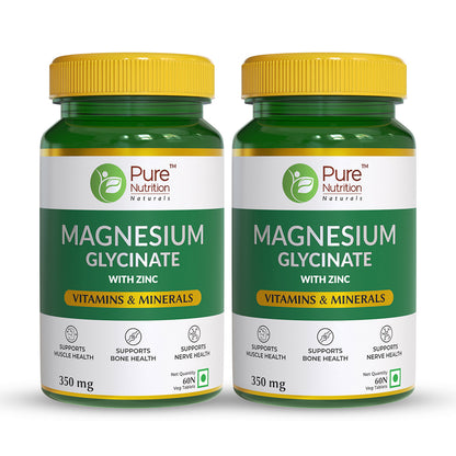 Magnesium Glycinate + Zinc, 60 Veg Tablets | For Bone, Muscle & Nerve Health l Better Relaxation & Sleep Quality | Helps Ease Period Cramps | Supports Stress Relief & Heart Health