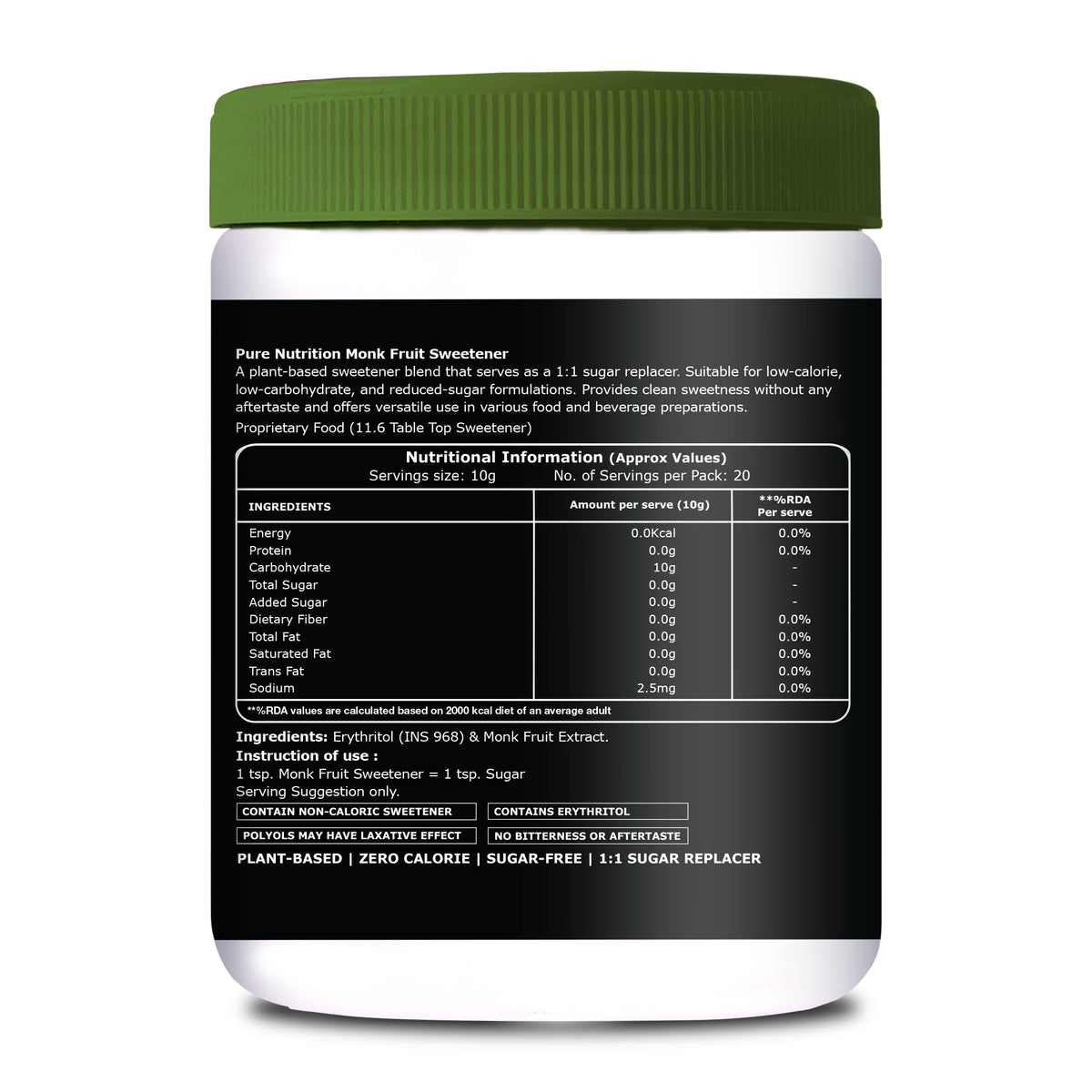 Monk Fruit Sweetener with Erythritol | Zero Calorie Sugar Substitute | 1:1 Sugar Replacement | 200g