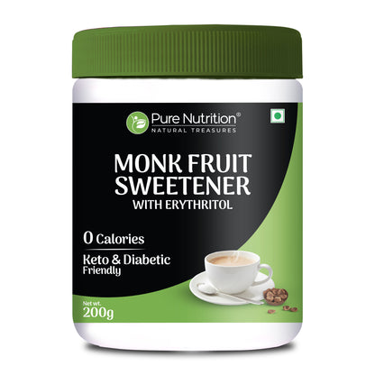 Monk Fruit Sweetener with Erythritol | Zero Calorie Sugar Substitute | 1:1 Sugar Replacement | 200g