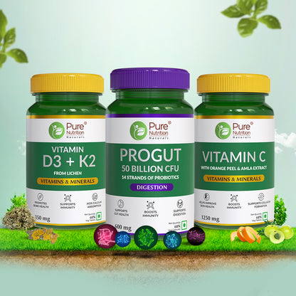 Immunity Boost Value Pack | D3 + K2 | Progut 25bn CFU Probiotics | Vitamin C - 3 x 60 Veg Tabs