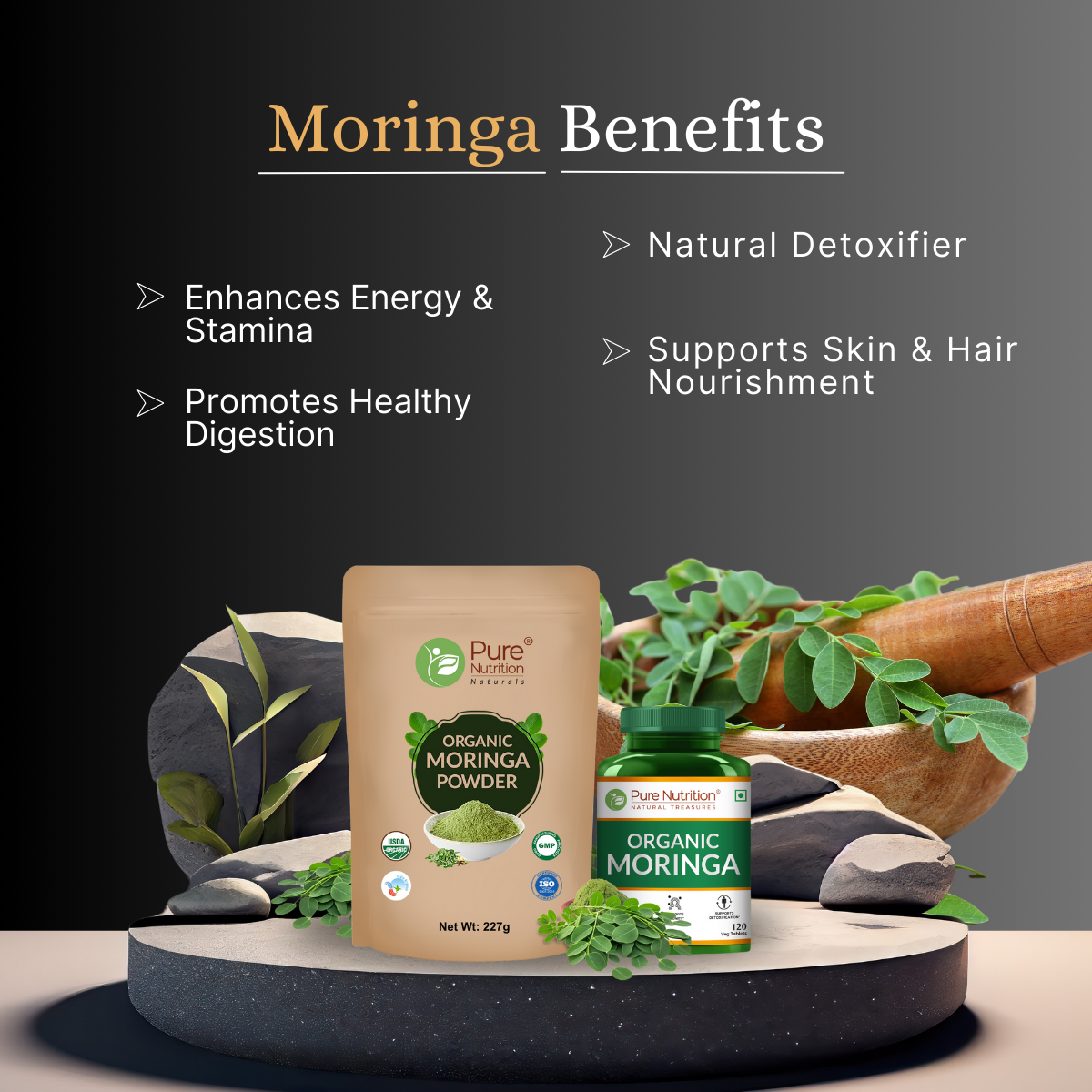 Pure Nutrition Moringa Powder (227g) + Moringa Tablets (120 Tablets) | Plant-Based Nutritional Combo