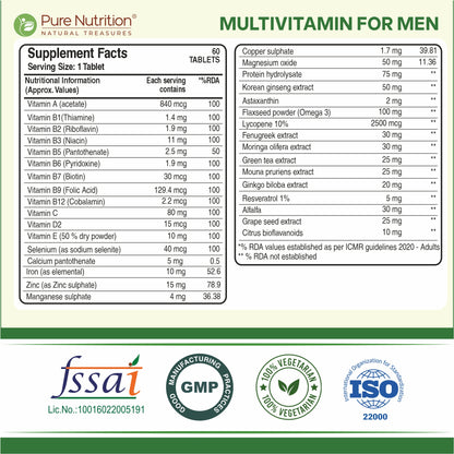 ਮਰਦਾਂ ਲਈ ਮਲਟੀਵਿਟਾਮਿਨ | 32+ ਵਿਟਾਮਿਨ, ਖਣਿਜ ਅਤੇ ਜੜੀ-ਬੂਟੀਆਂ - 60 ਸ਼ਾਕਾਹਾਰੀ ਗੋਲੀਆਂ ਨਾਲ ਸੰਪੂਰਨ ਰੋਜ਼ਾਨਾ ਤੰਦਰੁਸਤੀ ਨੂੰ ਉਤਸ਼ਾਹਿਤ ਕਰਦਾ ਹੈ