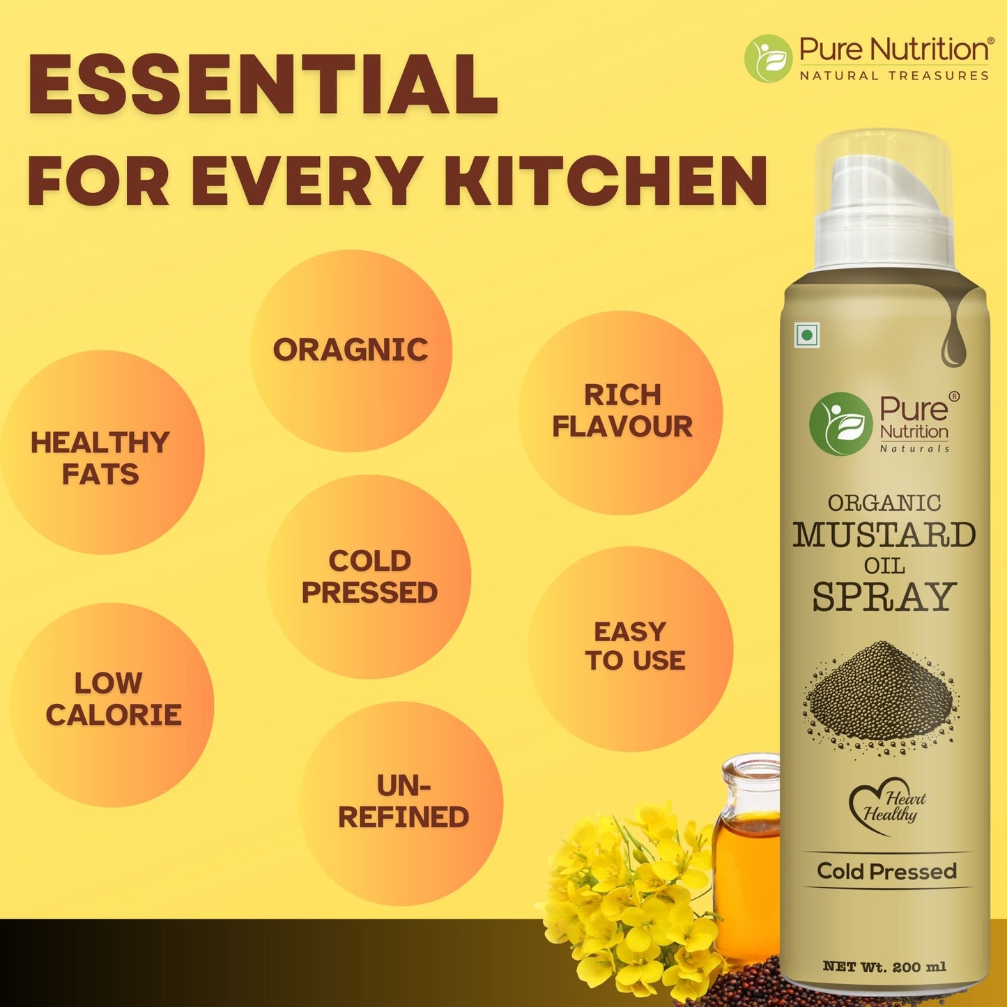 Organic Mustard Oil Spray 200ml | Cold-Pressed & Pure for Cooking