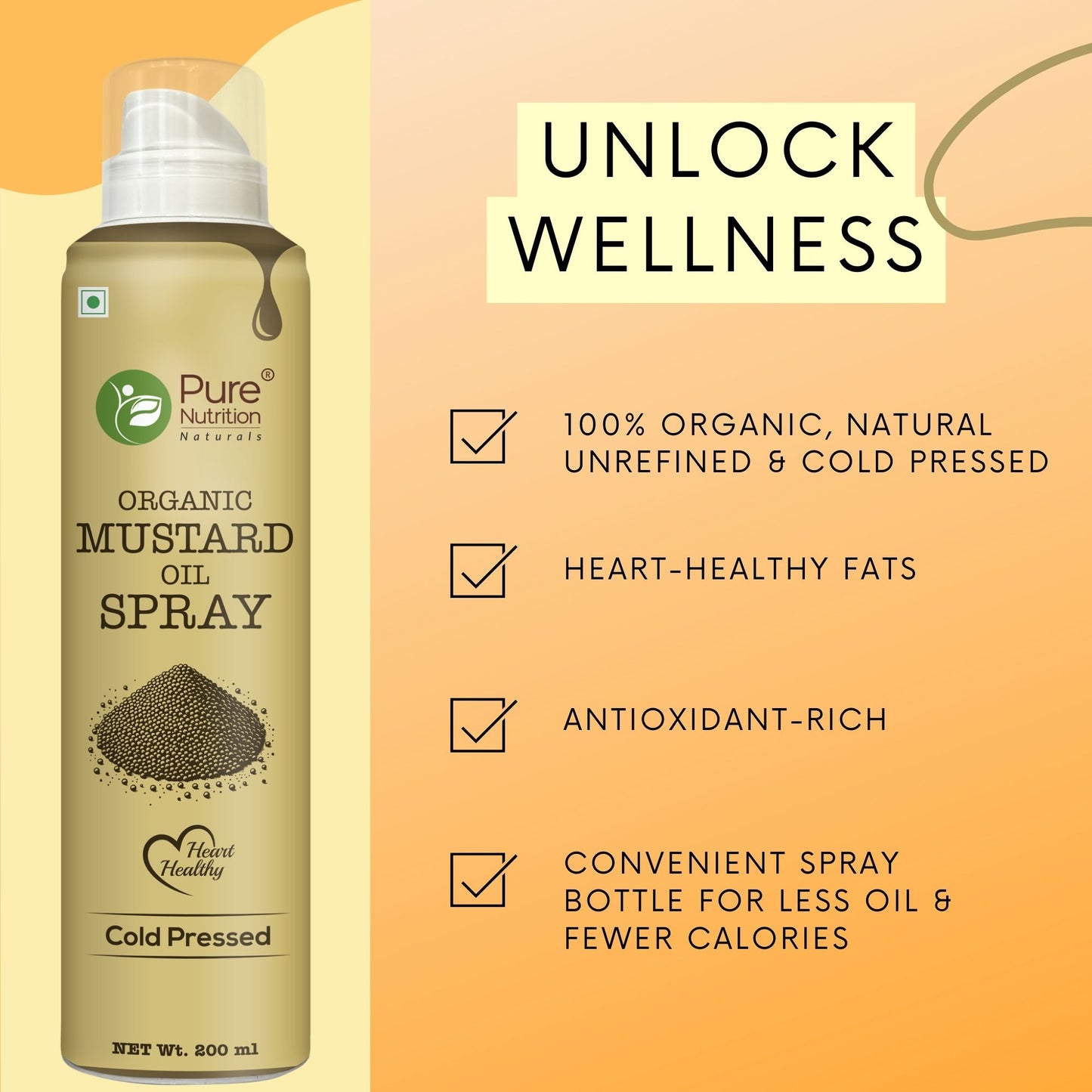 Organic Cold Pressed Mustard Oil 200ml Spray | 100% Pure | For Cooking, Baby Massage & Hair