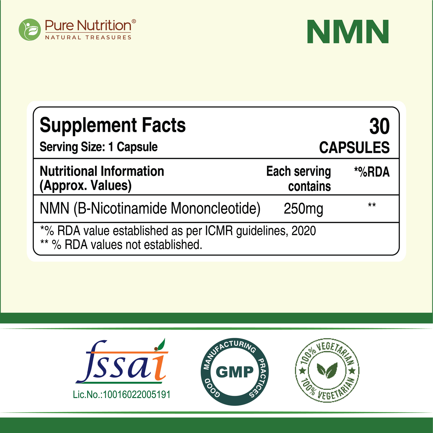 NMN Nicotinamide Mononucleotide 250mg - 30 Veg Capsules