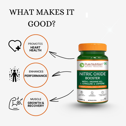 Pure Nutrition Nitric Oxide Booster – L-Arginine HCL, L-Citrulline & Caffeine – Strength, Stamina, Energy & Recovery – 60 Veg Capsules