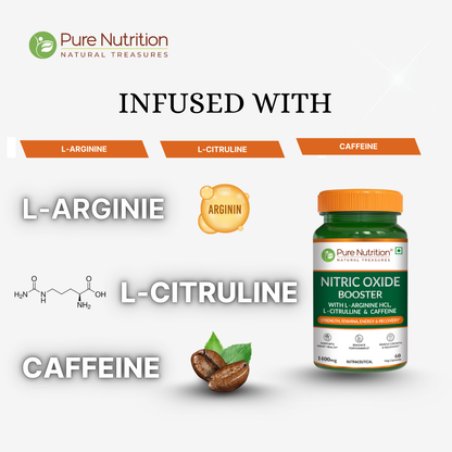 Pure Nutrition Nitric Oxide Booster – L-Arginine HCL, L-Citrulline & Caffeine – Strength, Stamina, Energy & Recovery – 60 Veg Capsules