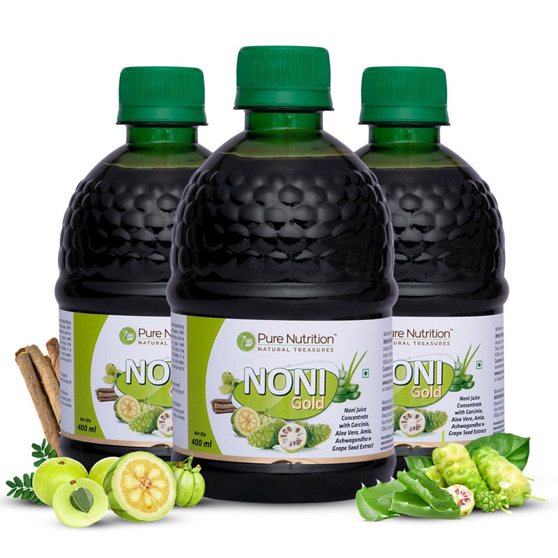 Noni Gold Juice with Aloe Vera, Amla, Ashwagandha, Garcinia, Grape Seed Extracts 400ml (Pack 3)