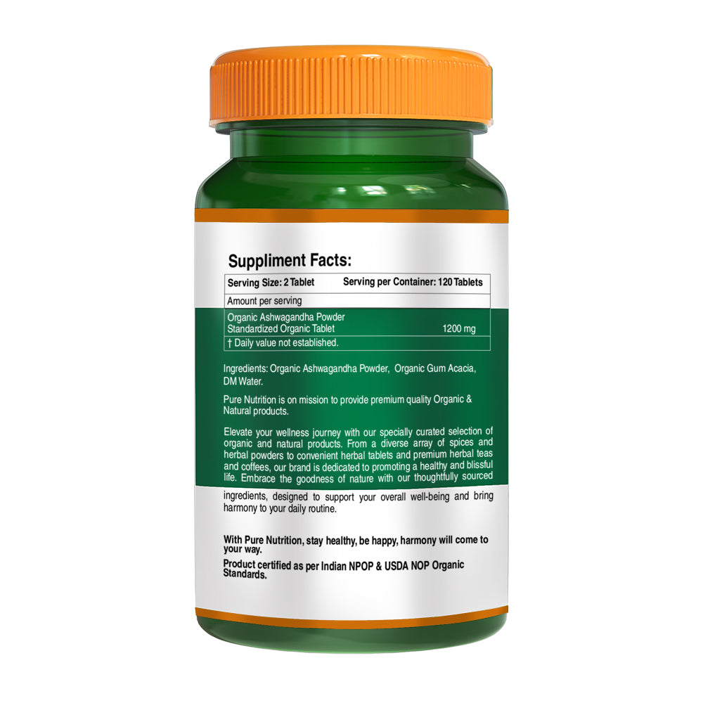 Pure Nutrition Organic Ashwagandha | Supports Stress Management, Sleep, Fertility, Immunity, Vitality & Strength - 120 Tablets