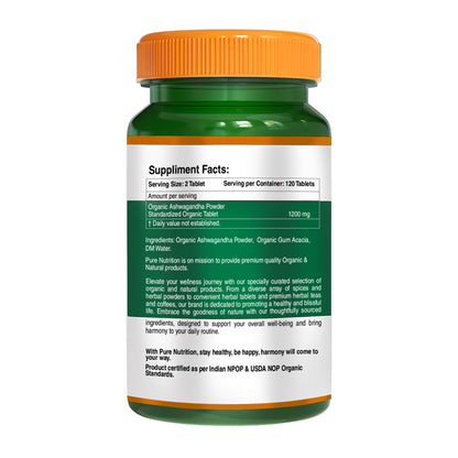 Pure Nutrition Organic Ashwagandha | Supports Stress Management, Sleep, Fertility, Immunity, Vitality & Strength - 120 Tablets