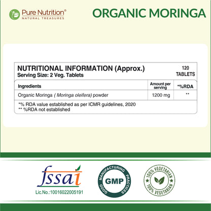 Organic Moringa 1200mg | Organic Moringa Leaf Powder Tablets | Plant-Based Daily Wellness Support