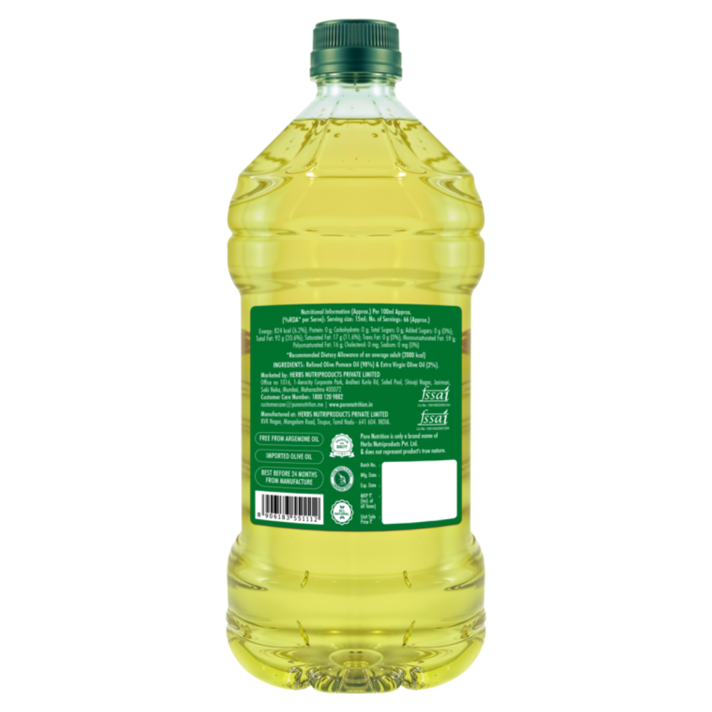 Pure Nutrition Pomace Olive Oil: Ideal for Indian Cooking & Deep Frying | Low in Saturated Fat - 2L