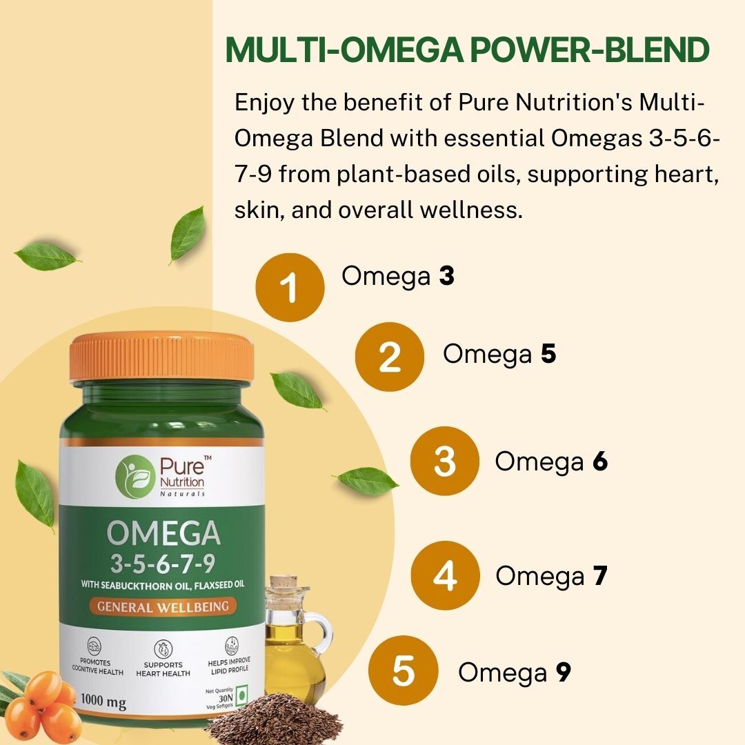 Omega 3-5-6-7-9 (1000mg) with Seabuckthorn Oil & Flaxseed Oil - 30 Veg Softgels