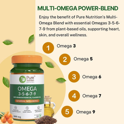 Omega 3-5-6-7-9 (1000mg) with Seabuckthorn Oil & Flaxseed Oil - 30 Veg Softgels