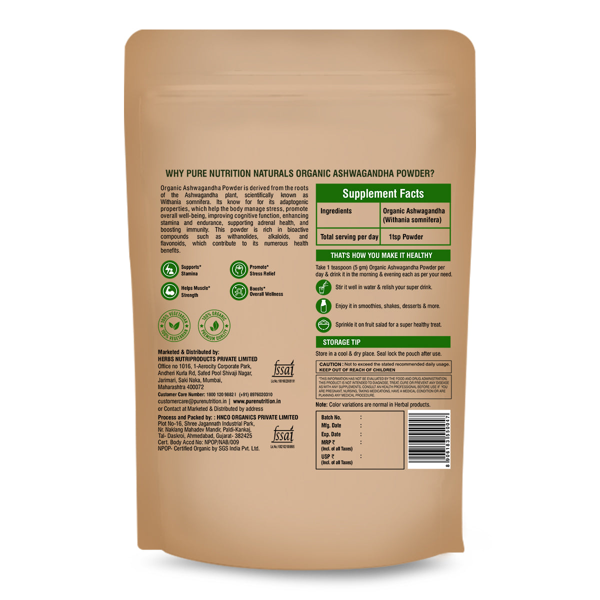 Organic Ashwagandha Powder - 227g | 100% Pure and Natural | Supports Stress Relief, Vitality, and Overall Wellness