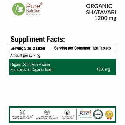 Pure Nutrition Organic Shatavari | Boosts Immunity, Digestion | Ayurvedic & Herbal Supplement | Helps Balance Women's Hormones & Reproductive Health - 120 Tablets