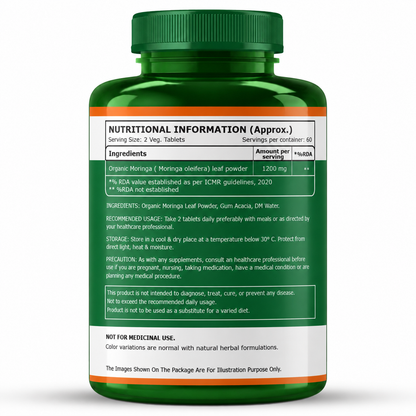 Organic Moringa Tablets 1200mg | Supports Immunity, Digestion & Energy | 120 Tablets