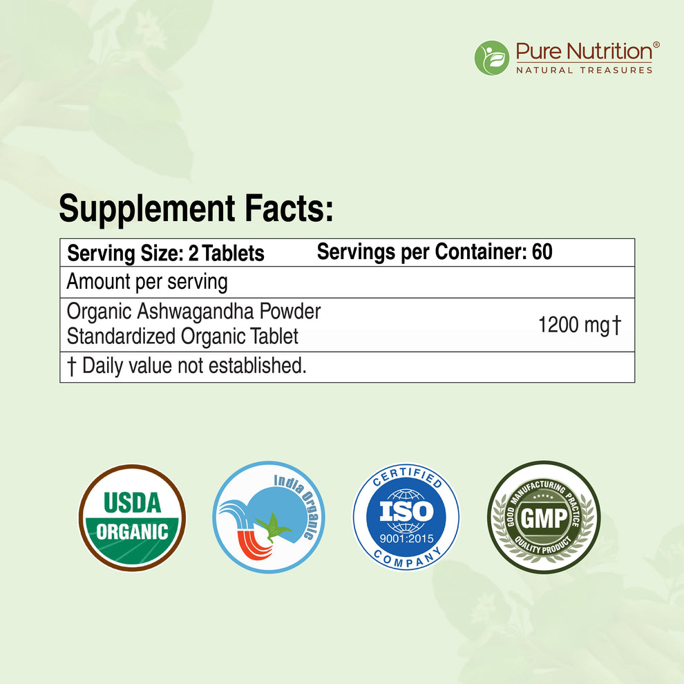 Organic Ashwagandha 120 Tablets – Stress, Sleep & Immunity – Pure Nutrition