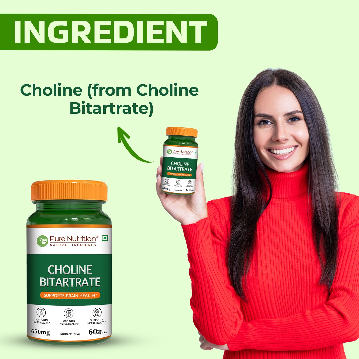 Pure Nutrition Choline Bitartrate 650mg | 60 Veg Capsules | Brain & Nerve Support