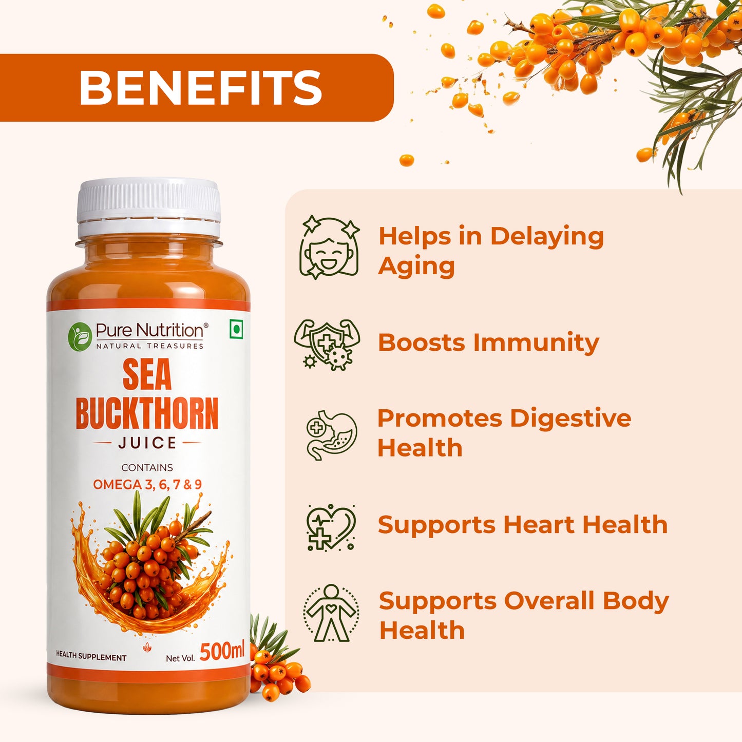 Sea Buckthorn Juice 500ml | Omega 3, 6, 7 & 9 | Daily Wellness Support | 500ML