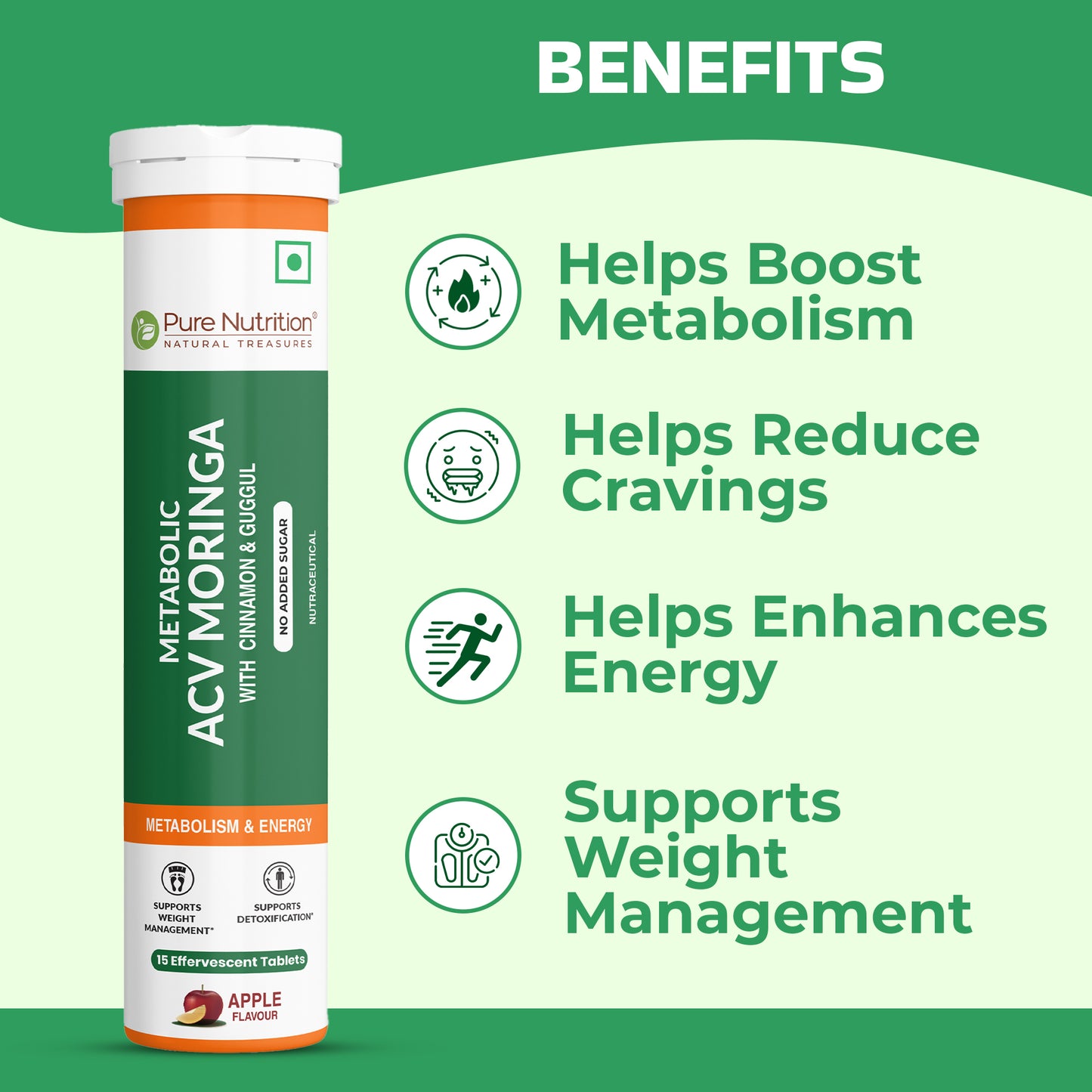 Pure Nutrition ACV Moringa Effervescent Tablets – Apple Flavour – 15 Tablets