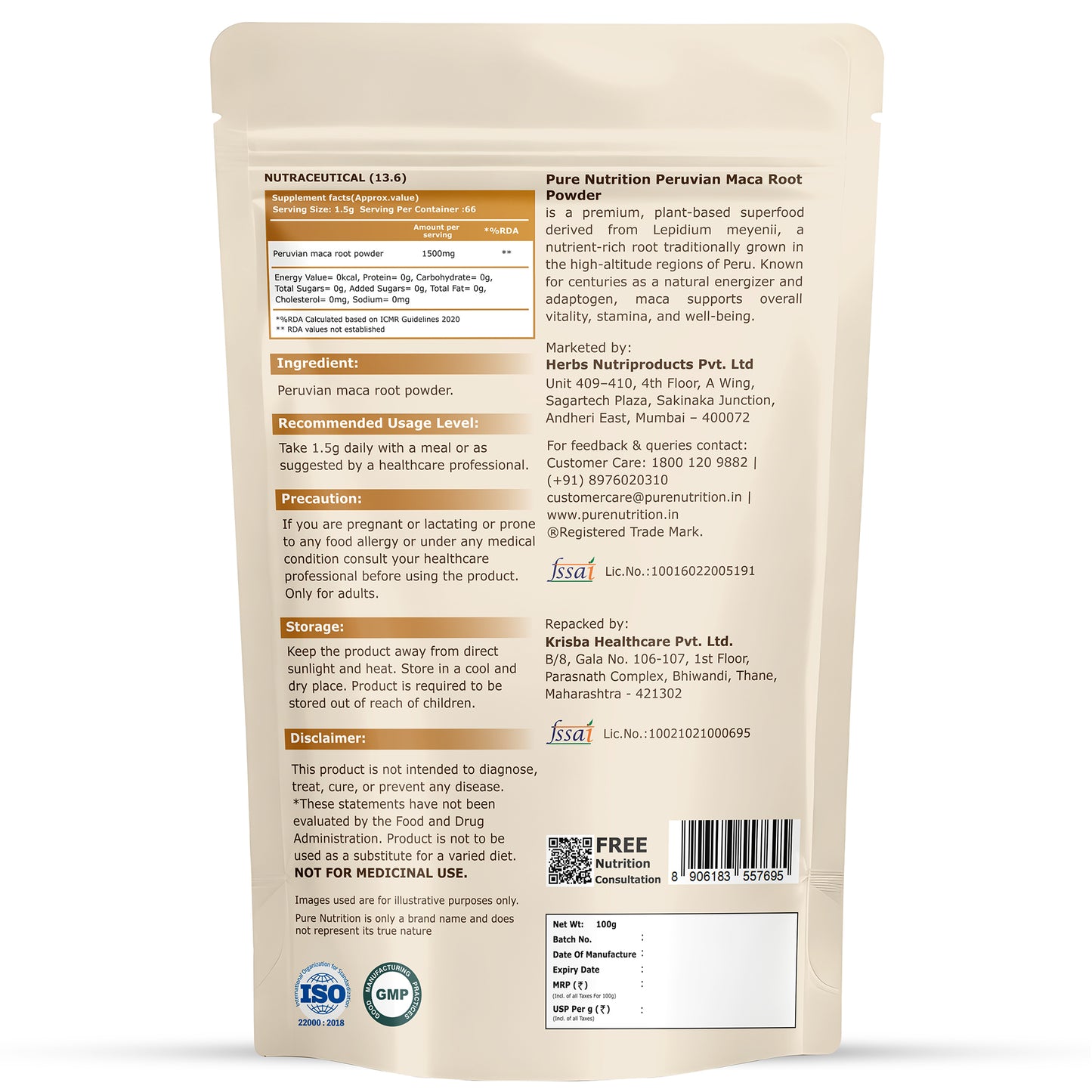 Peruvian Maca Root Powder | 100g Adaptogenic Superfood Powder