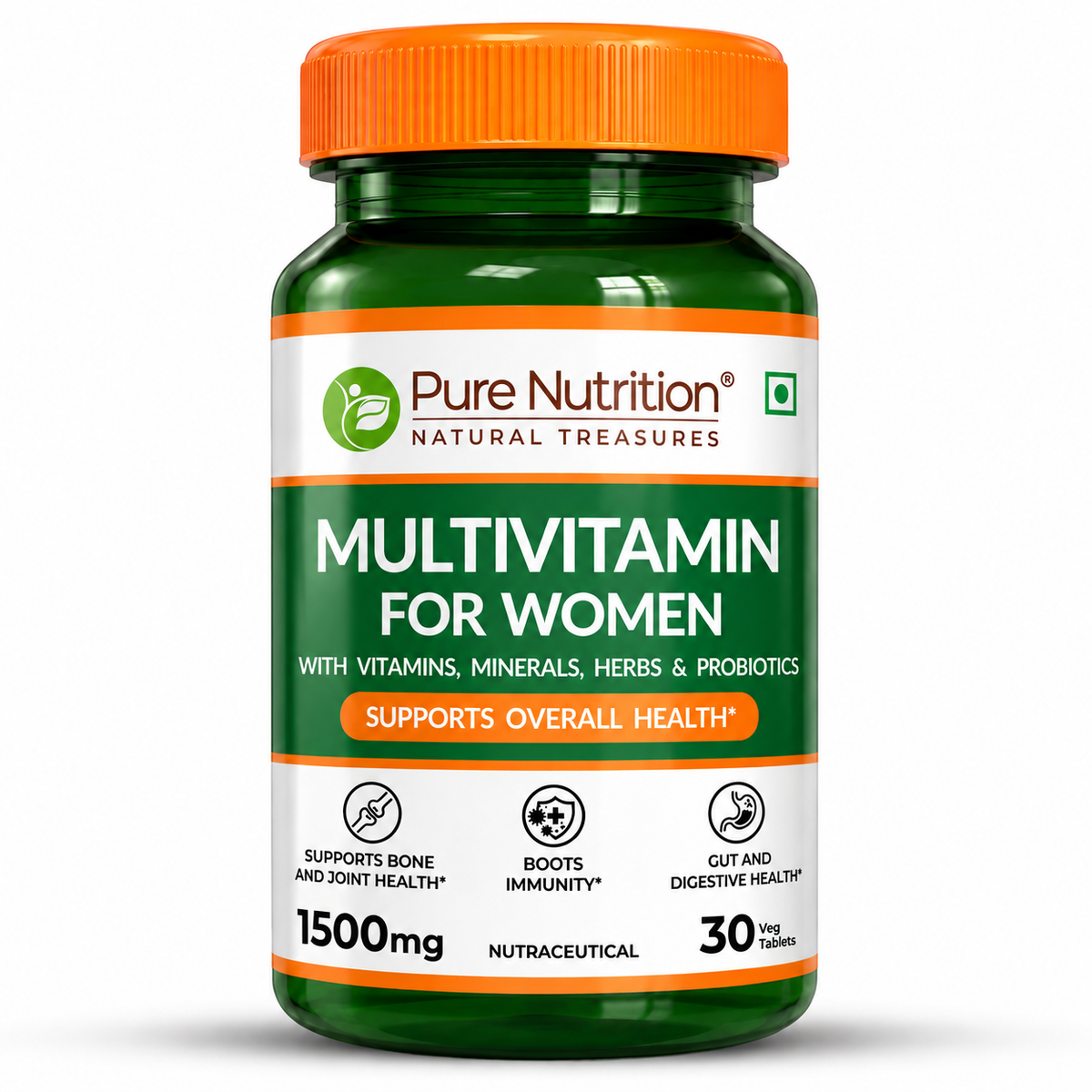 Pure Nutrition Multivitamin for Women with natural herbs, probiotics and essential nutrients.