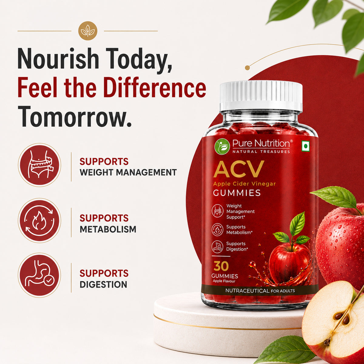 ACV Apple Cider Vinegar Gummies | 500 mg Apple Cider Vinegar | Apple Flavour | 30 Gummies