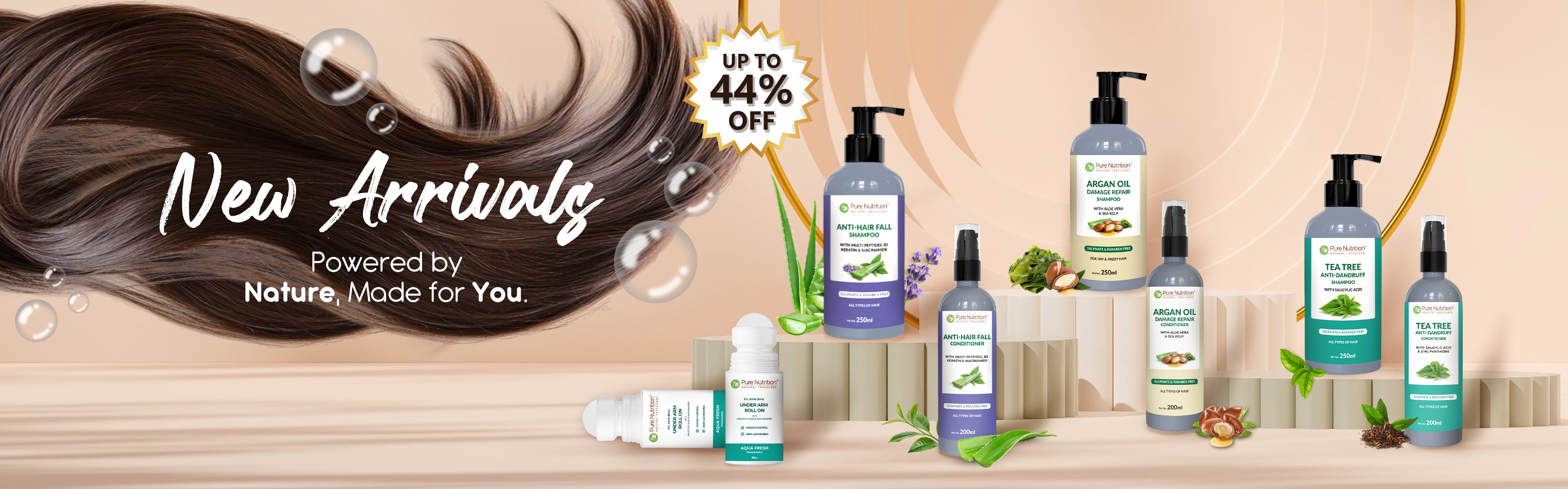 Personal care products with 'New Arrivals' and 'Up to 44% Off'