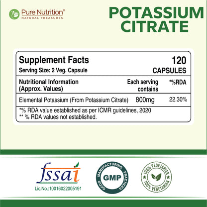 Potassium Citrate 800mg - 120 Veg Capsules, Support Nerve Muscle, Joint, and Bone Health, Support Kidney & Bone Health