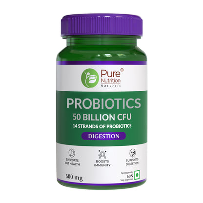 Pure Nutrition Probiotic Supplement, 50 Billion CFU, 60 Veg Capsules | 14 Strains of Live Cultures (600mg) | Supports Gut Health, Improves Digestion, Enhances Nutrient Absorption & Boosts Immunity | Vegan