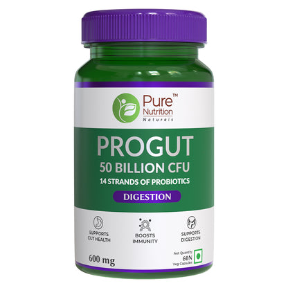 Pure Nutrition Progut 50 Billion CFU, 60 Veg Capsules |Probiotic & Prebiotic Supplement for Men & Women |14 Probiotic Strains | Supports Digestive Health, Gut Health & Immunity | Relief from Gas & Bloating