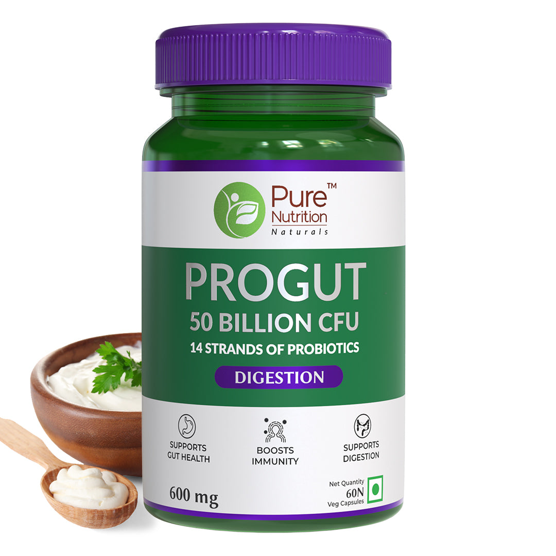 Pure Nutrition Progut 50 Billion CFU, 60 Veg Capsules |Probiotic & Prebiotic Supplement for Men & Women |14 Probiotic Strains | Supports Digestive Health, Gut Health & Immunity | Relief from Gas & Bloating