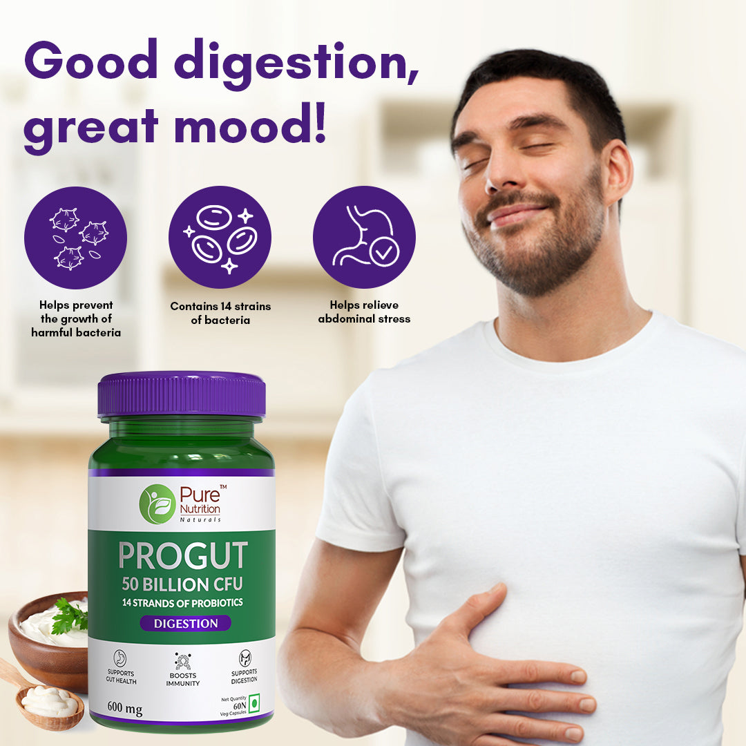 Pure Nutrition Progut 50 Billion CFU, 60 Veg Capsules |Probiotic & Prebiotic Supplement for Men & Women |14 Probiotic Strains | Supports Digestive Health, Gut Health & Immunity | Relief from Gas & Bloating