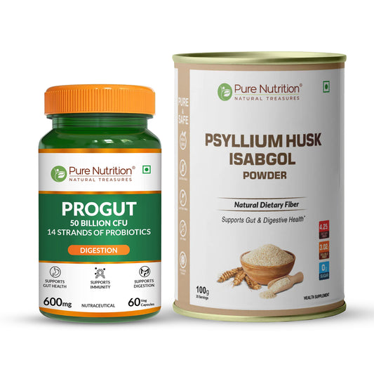 Easy Gut Combo: Progut 50 Billion CFU Probiotics + Psyllium Husk Isabgol Powder