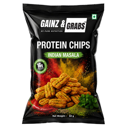 Gainz & Grabs Protein Chips – Indian Masala | Peri Peri | 16g Protein | Multi-Source Plant Protein | 60g