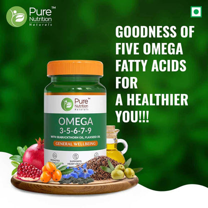 Pure Nutrition 3-5-6-7-9 Omegas Goodness of Five Vegetarian Omega Fatty Acids for Heart Health and Healthier Life