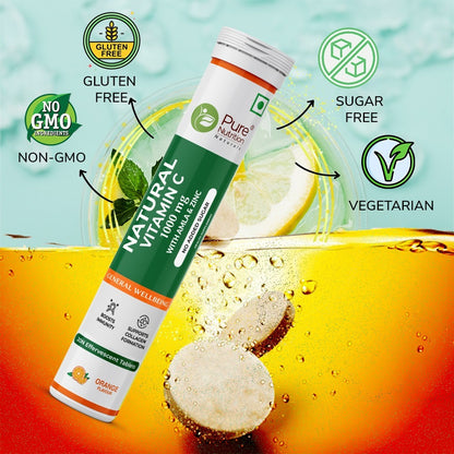 Pure Nutrition Natural Vitamin C Effervescent Tablets 1000mg Plant-based Gluten Free Sugar Free Non GMO