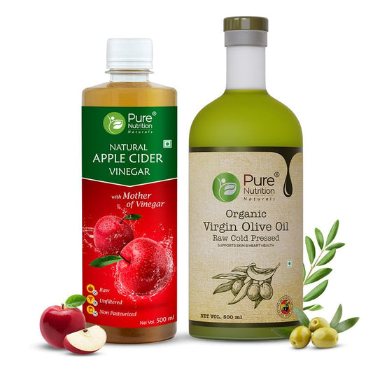 Pure Nutrition Organic Cold Pressed Virgin Olive Oil and Apple Cider Vinegar Liquid with Mother of Vinegar Combo Health Pack 500ml + 500ml