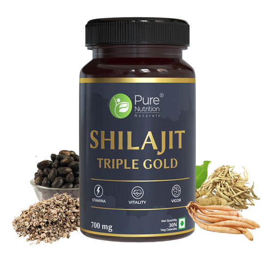 Pure Nutrition Shilajit Triple Gold 700mg 30 Vegetarian Capsules for Increased Stamina Endurance Performance for Men Safed Musali Trbulus Gokhru Ayurvedic Formulation for Men's Health