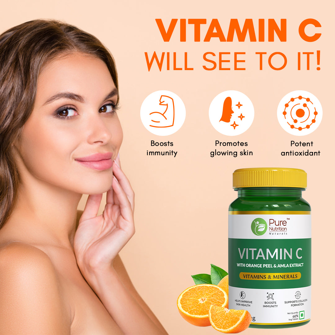 Pure Nutrition Vitamin C with Orange Peel and Amla Extract Improves Skin Health Boosts Immunity Helps Collagen Formation