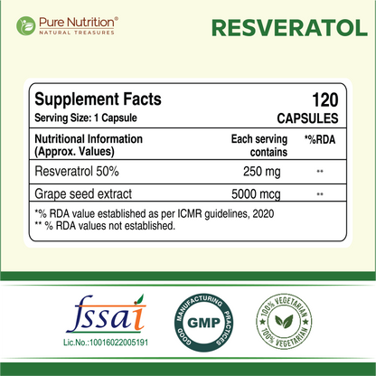 Resveratrol 255mg - 120 Veg Capsules | Grape Seed Extract | Boosts Immunity | Powerful Antioxidant for Anti-Aging