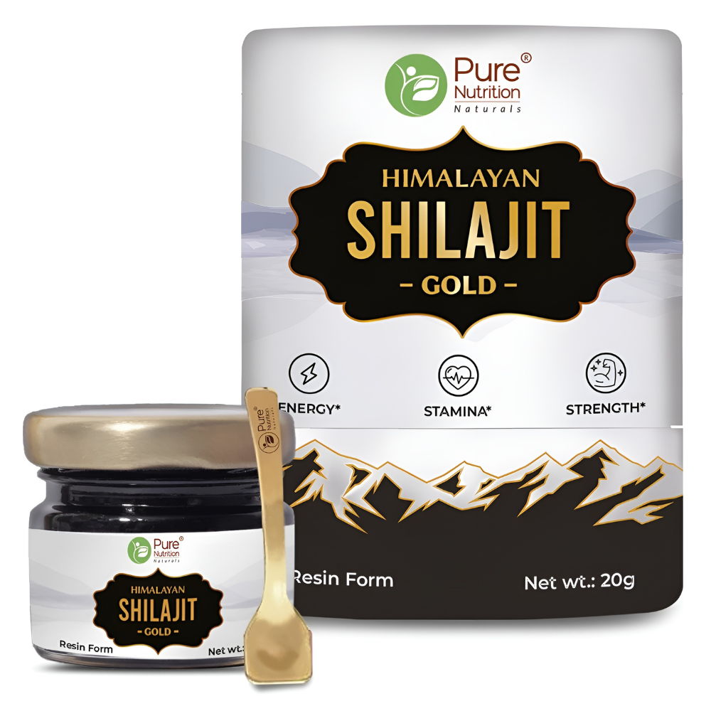 Pure Nutrition Shilajit Gold Resin with Ashwagandha, Safed Musli & More | Boosts Energy, Stamina & Vitality- 20g