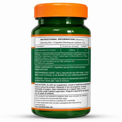 Saw Palmetto 10:1 Extract 1000mg | Supports Men's Health & Hormonal Balance | 120 Veg Capsules