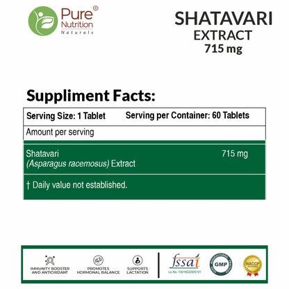 Pure Nutrition Shatavari Extract Tablets | 100% Natural | Helps Boost Immunity & Antioxidant - 60 Veg Tablets